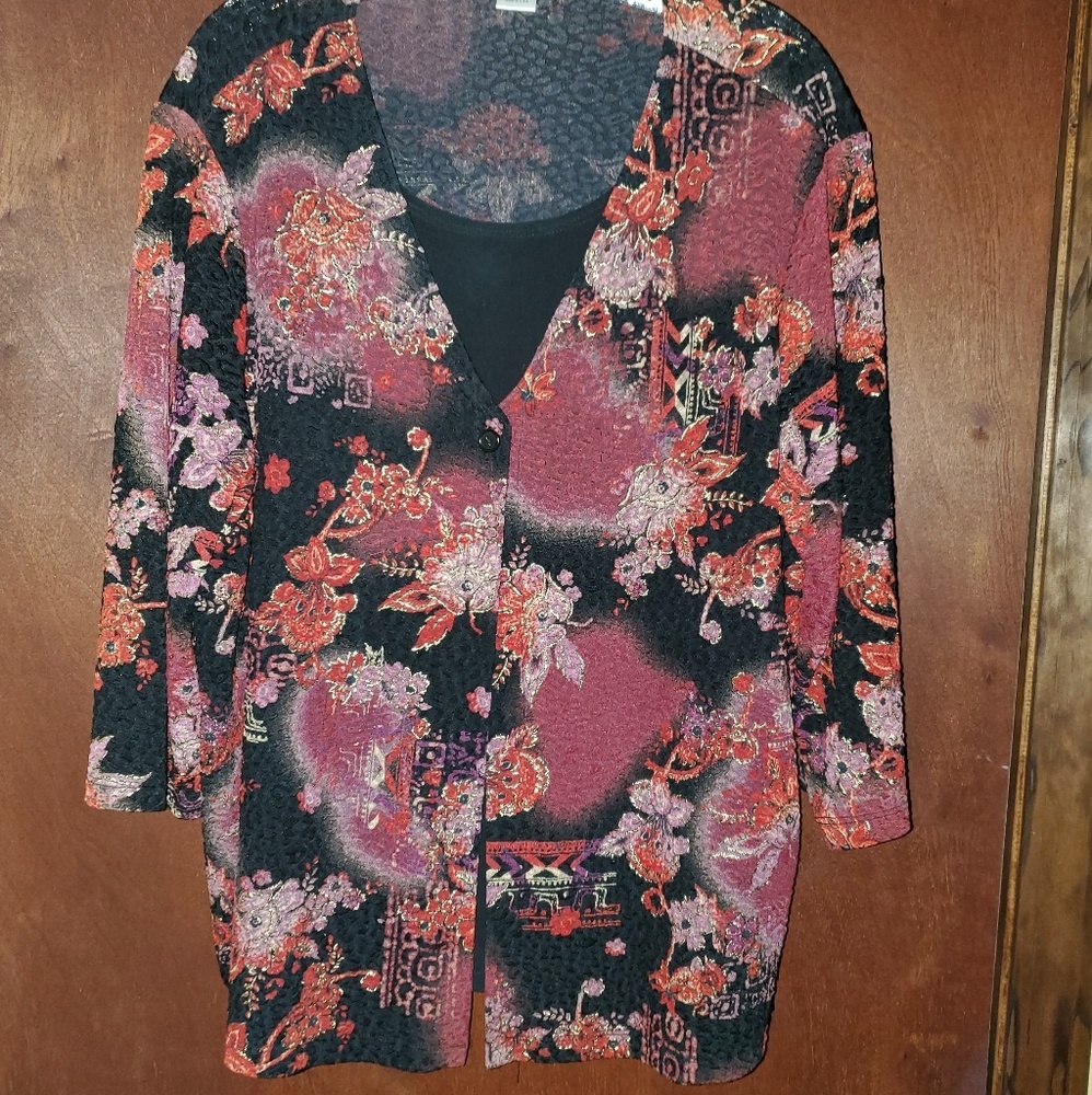 Dressy one piece pull over tank jacket combo.